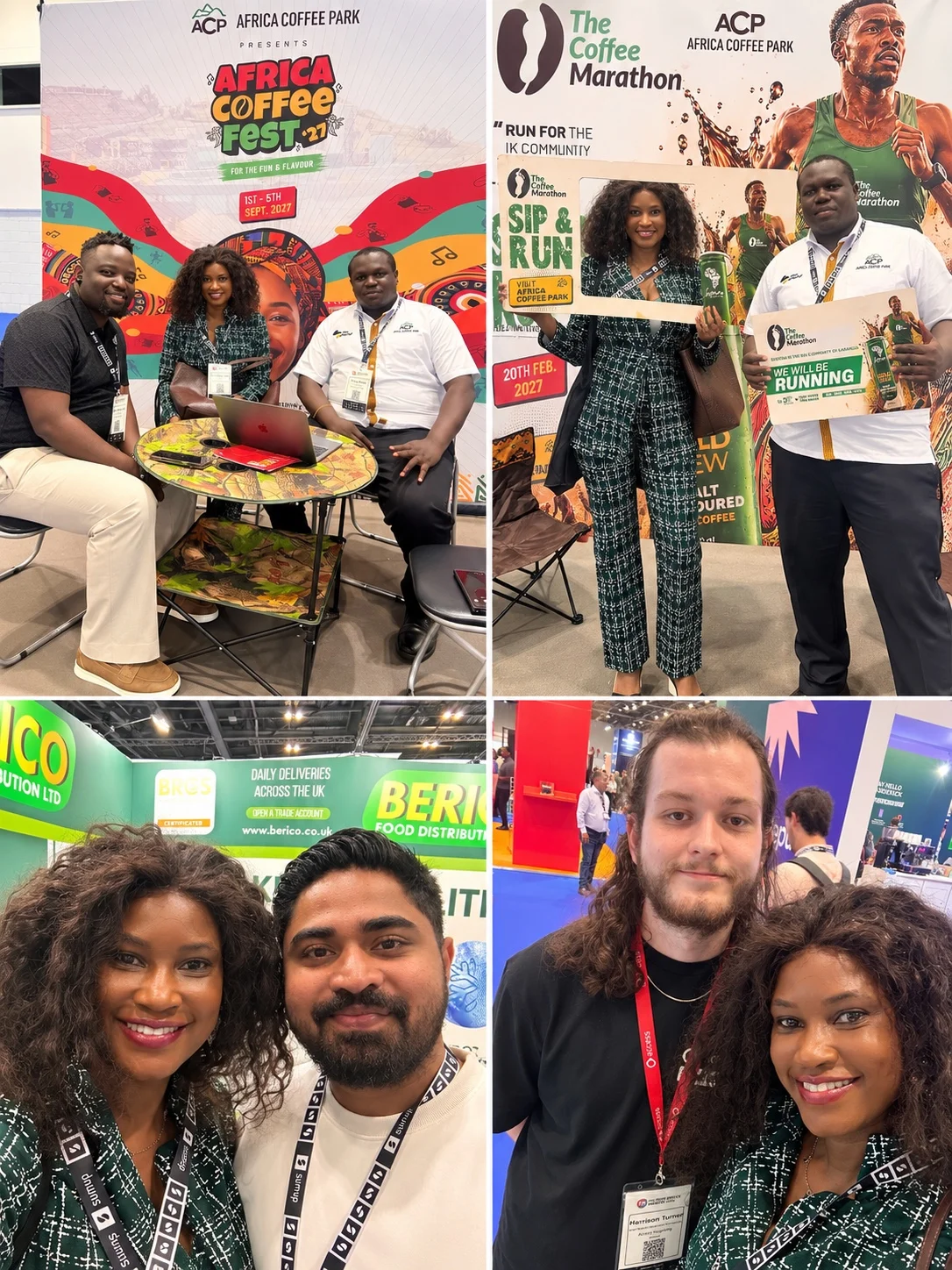 Four photographs of Doris Beth Atigo meeting coffee exhibitors and food-industry participants.