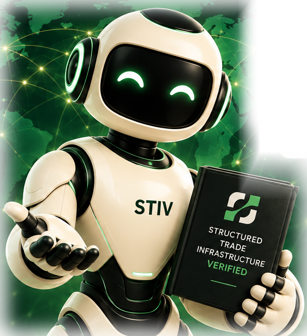 STIV, a cream-coloured gender-neutral robot holding a black book titled Structured Trade Infrastructure Verified